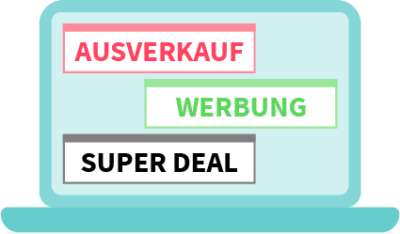 Auf einem Bildschirm wird "Ausverkauf", "Werbung" und "Super Deal" angezeigt.