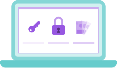 Auf einem Bildschirm ist ein Schlüssel, ein Schloss und Geld abgebildet.