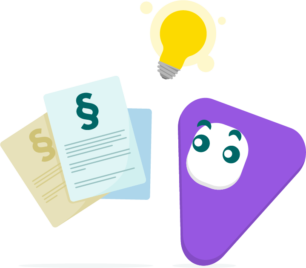 Eine abstrahiert dargestellte Person guckt auf verschiedene Blätter mit rechtlichen Klauseln. Über beiden schwebt eine Glühbirne.