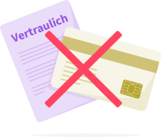 Ein Dokument mit der Überschrift "Vertraulich" und eine Kreditkarte hinter einem großen roten Kreuz.