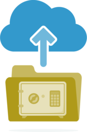 Aus einem Ordner, auf dem ein Tresor abgebildet ist, werden Daten, symbolisiert durch einen Pfeil, in eine Wolke (Cloud) hochgeladen.