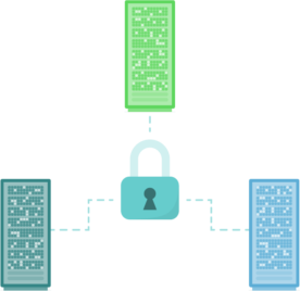 Mehrere Server sind durch ein Schloss in der Mitte von ihnen verbunden.