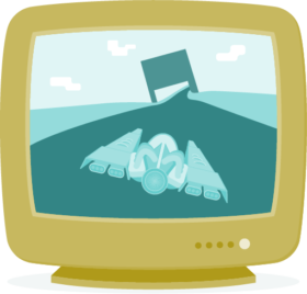 Auf einem Bildschirm wird ein Spiel mit einem Jet über einer Straße gezeigt.