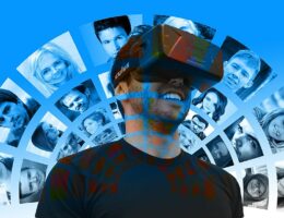 Ein Mann mit Videobrille schaut sich Bilder an.