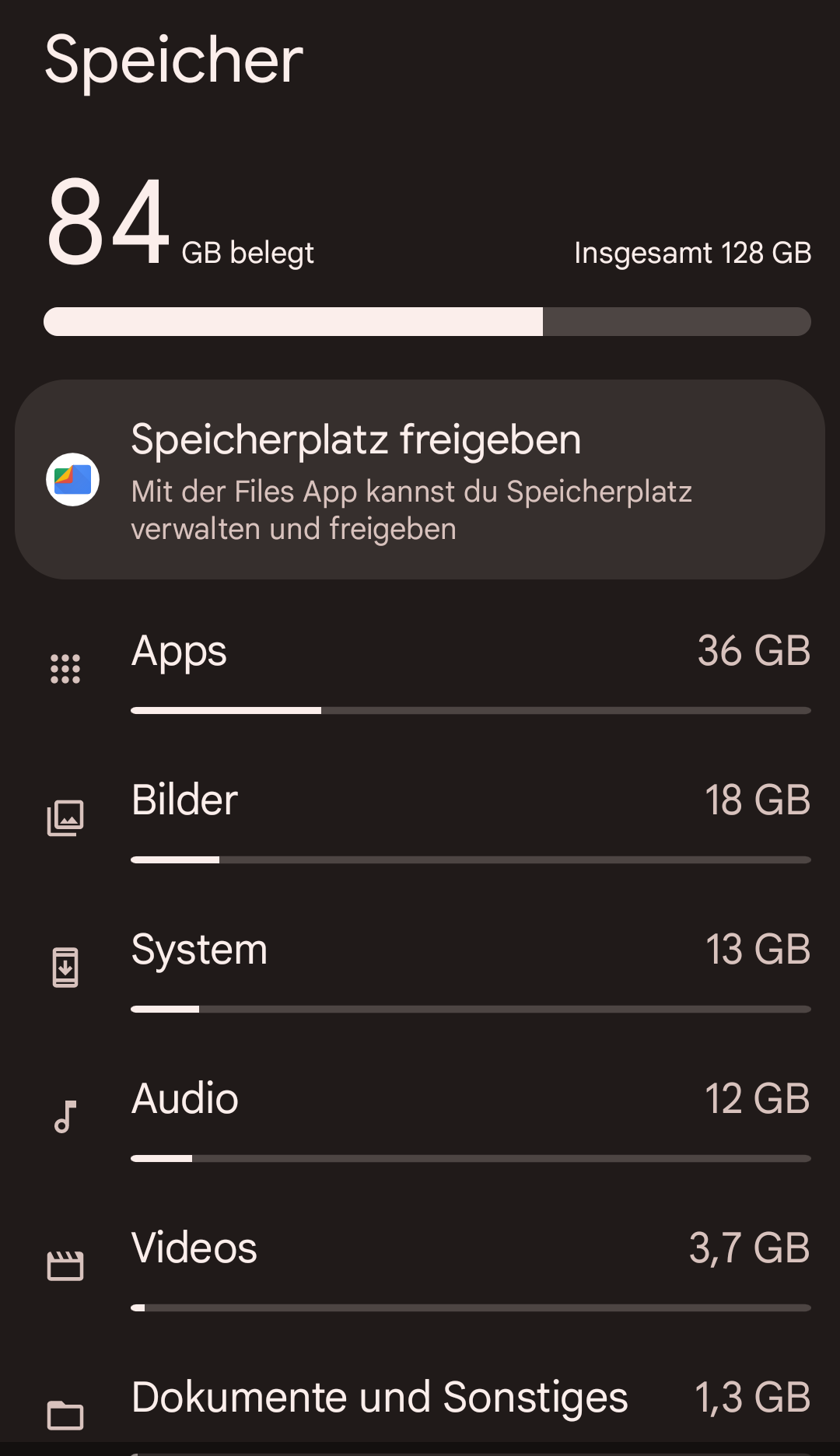 Screenshot einer Speicheranzeige auf dem Smartphone.