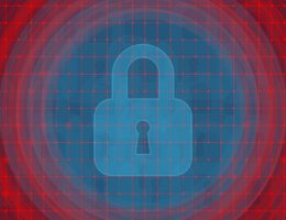 Visualisierung von Cyber-Security: Vorehängeschloss vor grau-rotem Hintergrund.