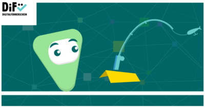 Vor einer Figur ist eine Angel mit einem Fisch am Ende der Angelschnur.