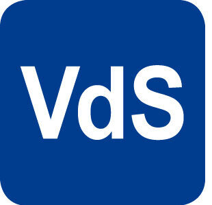 Dunkelblaues Quadrat mit abgerundeten Ecken und der weißen Aufschrift "VdS".