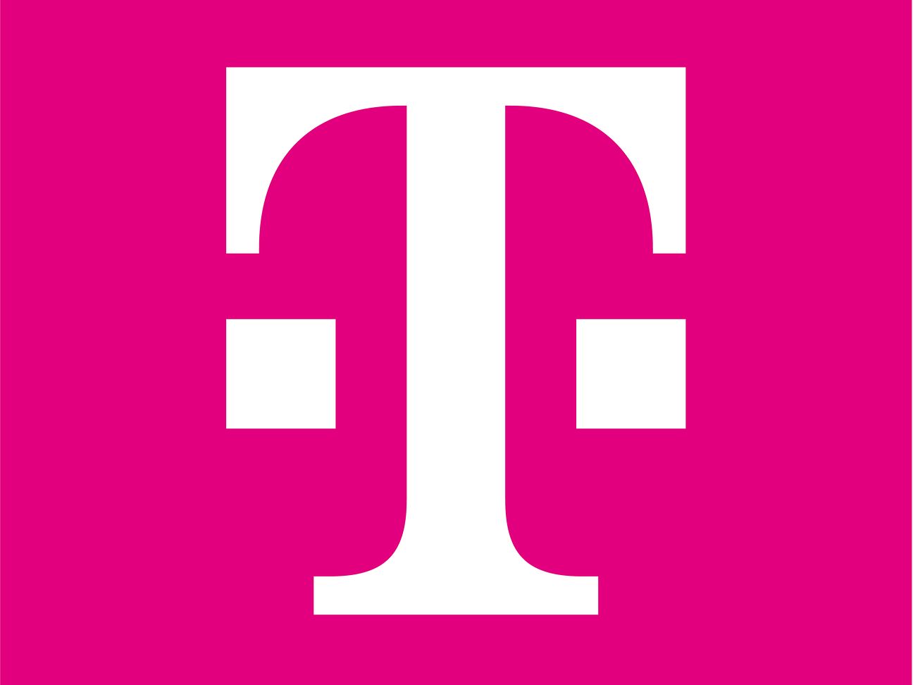 Magentafarbenes Rechteck mit dem charakteristischen Telekom "T". Links und rechts davon auf mittlerer Höhe jeweils ein kleines weißes Quadrat.
